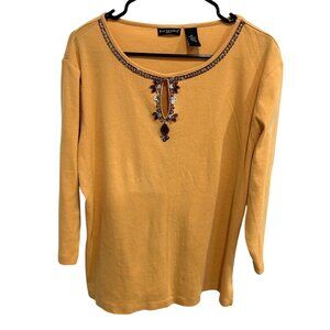 Bay Studio Plus Mustard Yellow Embellished 3/4 Sleeve Cotton Top Sz 1X